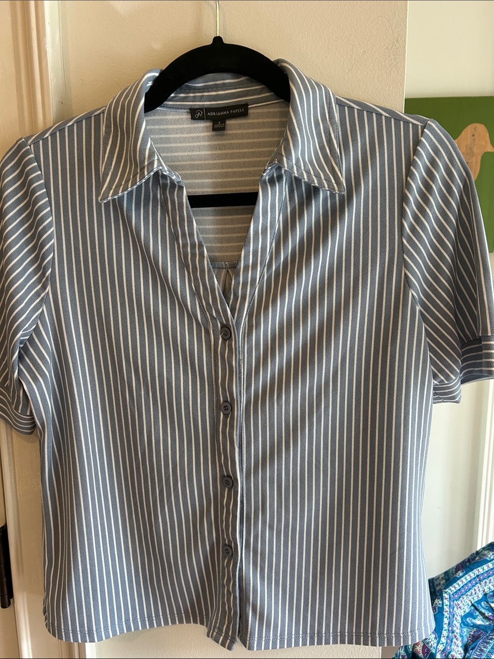Adrianna Papell Blue and White Vertical Stripe Short Sleeve Button-Front Shir
